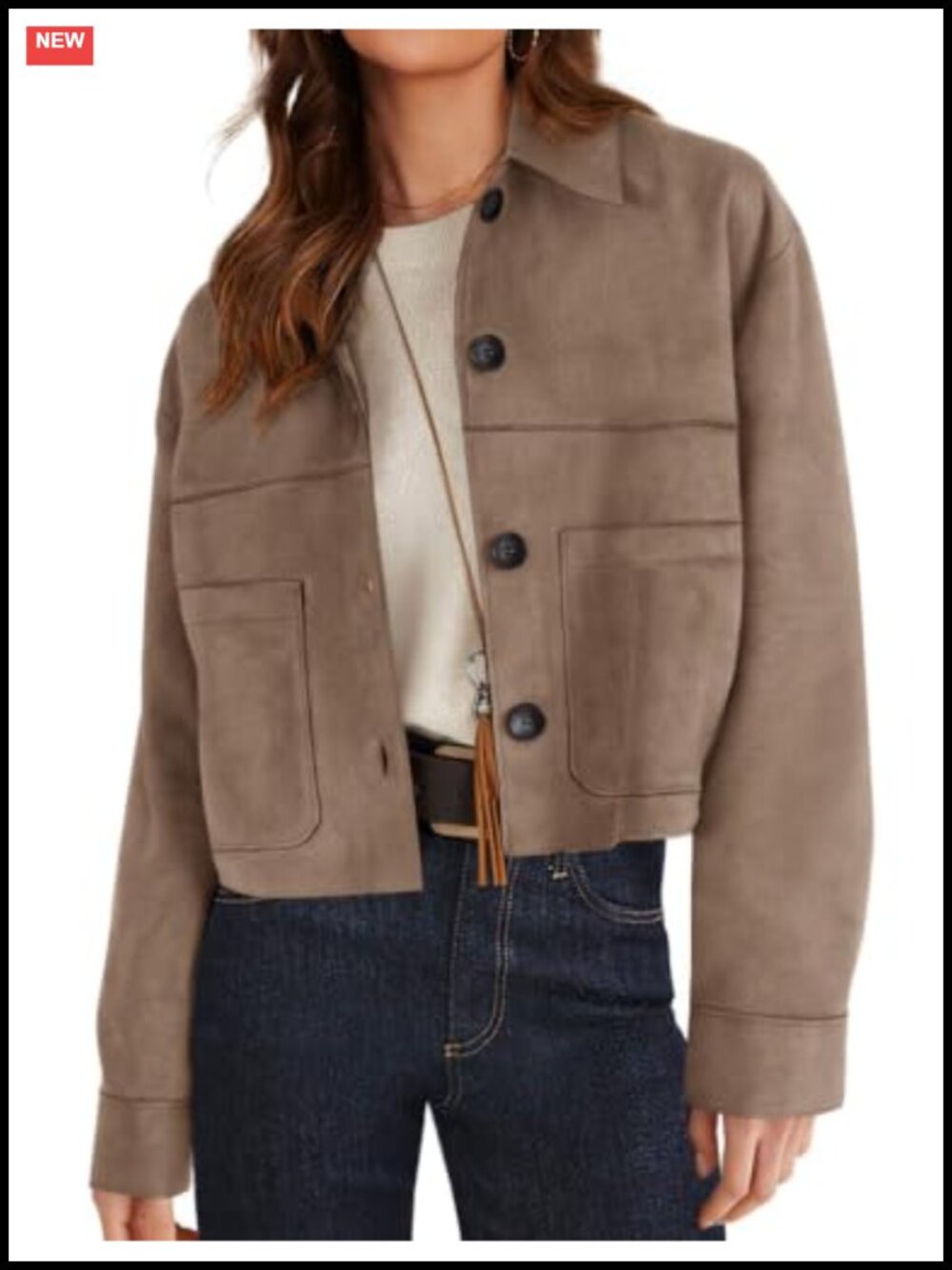 Faux Suede Cropped Shacket Lightweight Button Front Casual Jacket